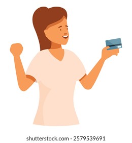Happy female character is holding credit card and making winner gesture