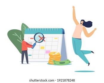 Happy Female Character Jumping at Huge Calendar with Crossed Date. Man with Magnifier and Pile of Golden Coins and Bills, Tax Return, Banking Debt or Mortgage End. Cartoon Vector People Illustration