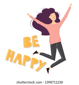 Happy female character jumping and laughing. Vector cartoon illustration isolated on white background