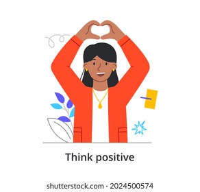 Happy Female Character In Love Is Sjowing Heart With Two Hands On White Background. Concept Of People Expressing Positive Emotions Non Verbaly. Positive Emotions. Flat Cartoon Vector Illustration