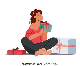 Happy Female Character Receive Present. Woman with Wrapped Gift Boxes Sitting on Floor. Festive Event, Holidays Celebration, Surprise Concept Isolated on White Background. Cartoon Vector Illustration