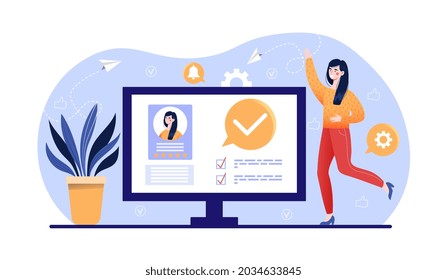 Happy female character is receiving approval on the computer monitor after finishing business task. Concept of remote or distant job, telecommuting, well done job. Flat cartoon vector illustration