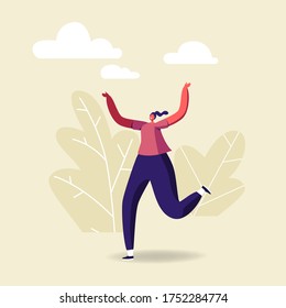 Happy Female Character Running with Hands Up, Dancing and Feel Happiness. Woman with Bipolar Disorder in Positive Mood Rejoice and Run Outdoors on Nature Landscape. Cartoon People Vector Illustration