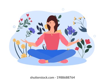 Happy female character is sitting in lotus pose with arms opened. Concept of creating good vibe around people. Young woman is enjoing her freedom and life. Flat cartoon vector illustration