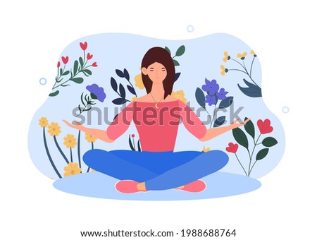 Happy female character is sitting in lotus pose with arms opened. Concept of creating good vibe around people. Young woman is enjoing her freedom and life. Flat cartoon vector illustration
