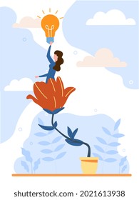 Happy female character is sitting on the flower and holding lightbulb. Smiling girl cares about herself and her future. Concept of self love and a healthy lifestyle. Flat cartoon vector illustration