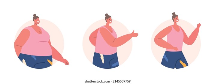 Happy Female Character Slimming Round Icons or Avatars Isolated on White Background. Fat, Overweight and Athletic Woman in Sports Wear Running, Healthy Lifestyle Exercise. Cartoon Vector Illustration