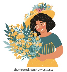Happy female character in a straw summer hat and with bouquet of flowers. Concept of love yourself, care, acceptance, lifestyle, body positive, mental health. Portrait of a woman. Vector illustration