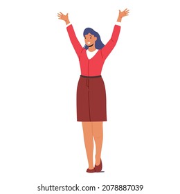 Happy Female Character Waving Hands. Woman Say Hello, Celebrate Success, Greeting Friend, Cheerful Girl Positive Emotion, Hi Gesturing Isolated on White Background. Cartoon Vector Illustration