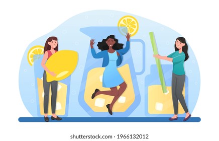 Happy female characters are drinking fresh lemonade together. Young women enjoying cocktails, having fun near glasses and jar with cold fruit drinks and straws. Flat cartoon vector illustration