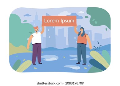 Happy female characters holding sign together in front of lake. Girls supporting environmental campaign flat vector illustration. Ecology, environment, pollution concept for banner or landing web page