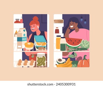 Happy Female Characters Looking Inside Fridge With Healthy Products, Food Ingredients. Women Opening Refrigerator Door
