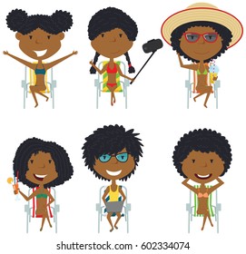 Happy female characters sitting on deck chair vector illustration. Cute girls resting on the beach with refreshing drinks, with a laptop, take a sun bath, make selfie.  Beach kids isolated set. 