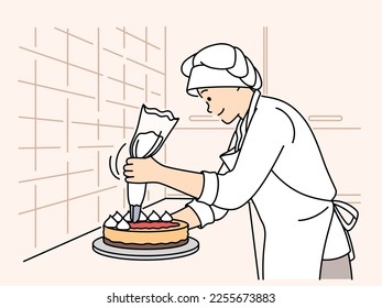 Happy female chef in uniform decorate cake at cafe kitchen. Smiling woman cooking preparing dessert at counter. Culinary hobby. Vector illustration. 