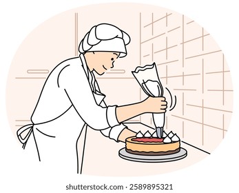 Happy female chef in uniform decorate cake at cafe kitchen. Smiling woman cooking preparing dessert at counter. Culinary hobby. Vector illustration.