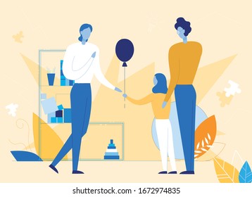 Happy Female Child Congratulating Loving Nursery Teacher in Kindergarten. Cheerful Girl Holding Balloon. Father Hugging Daughter. Greeting on Party Event. Vector Flat Cartoon Illustration