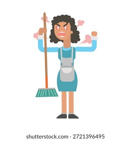 Limpiador femenino feliz que posa con la Ilustración vectorial de la fregona
