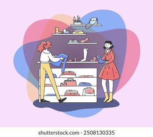Happy female clients choosing clothes at boutique flat vector illustration. Girls taking apparel and shoes from shelves at store. Retail, fashion, style concept