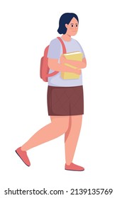 Happy female college student with books semi flat color vector character. Walking figure. Full body person on white. Simple cartoon style illustration for web graphic design and animation