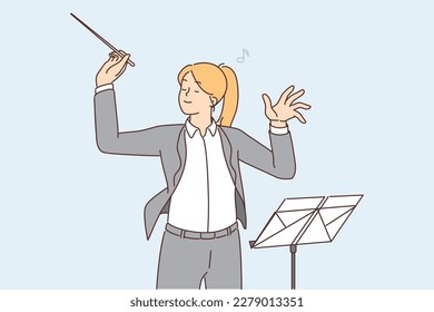 Happy female conductor in formal wear lead orchestra. Smiling woman musician with baton on stage. Occupation concept. Vector illustration. 