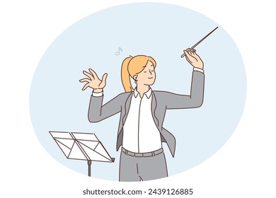 Mujer feliz directora en la orquesta principal de la ropa formal. Música femenina sonriente con bastón en el escenario. Concepto de ocupación. Ilustración vectorial.