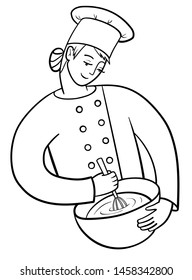 Feliz cocinera sostiene un utensil de cocina y un whisky. Pastelería con uniforme de chef y gorro en el trabajo. Dibujos de ilustración de contorno de vectores en fondo blanco