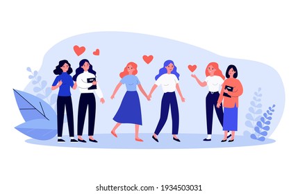 Happy female couples in love. Lesbian girls enjoying meeting flat vector illustration. Homosexual relationships, love and positive emotion concept for banner, website design or landing web page