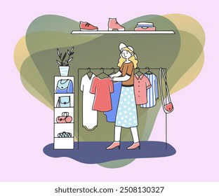 Happy female customer choosing clothes at boutique flat vector illustration. Girl taking apparel from hanger and buying garment. Retail and fashion concept