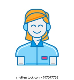 Happy female customer support representative at call center flat design icon wearing wireless headphones or headset with microphone. 