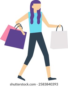 Happy female customer is walking home from shops carrying shopping bags with new purchases, enjoying her day out buying clothes and presents