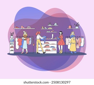 Happy female customers choosing clothes at fashion store flat vector illustration. Girls taking apparel from hanger and buying garment. Retail and style concept