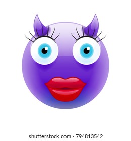 Happy Female Devil Emoticon with Blue Eyes. Happy Female Devil Emojis. Smile Icon. Isolated vector illustration on white background