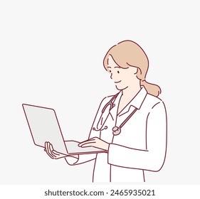 Happy female doctor in lab coat holding an open laptop, ready for online medical consultation. Hand drawn style vector design illustrations.