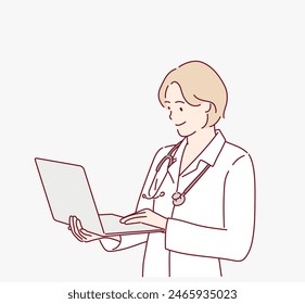 Happy female doctor in lab coat holding an open laptop, ready for online medical consultation. Hand drawn style vector design illustrations.