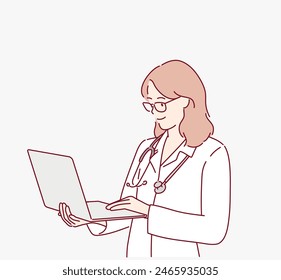 Doctora feliz en bata de laboratorio sosteniendo una computadora portátil abierta, lista para consulta médica en línea. Ilustraciones de diseño de Vector dibujado a mano.