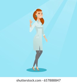 Happy female doctor in medical gown showing ok sign. Smiling doctor gesturing ok sign. Young joyful caucasian doctor with ok sign gesture. Vector flat design illustration. Square layout.