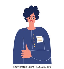 Happy female doctor showing thumbs up. A girl with a badge drawn by hand.