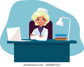 
Happy Female Doctor Sitting in the Office Vector Cartoon. General practitioner consulting patients from her laptop
