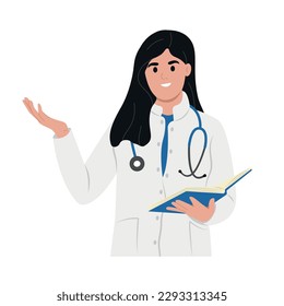 Happy female doctor is talking explaining something, gesturing with hand. A family doctor in a medical gown.