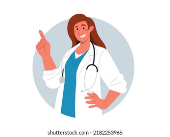 Feliz doctora con abrigo blanco y estetoscopio, apuntando a un costado. Retrato de una joven parada al costado y sonriendo.