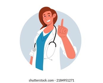 Happy female doctor in white coat and stethoscope pointing up with finger.Portrait of young female medic standing sideways and smiling.Round background.Vector flat illustration