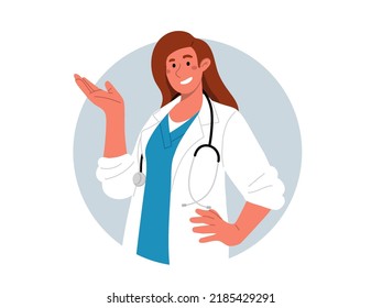 Happy female doctor in white coat and stethoscope,showing something,give hint.Portrait of young female medic standing sideways and smiling.Round background.Vector flat illustration