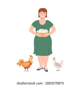 Happy Female Farmer Gathering Fresh Eggs from Hen Vector Illustration