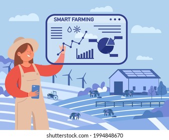 Happy female farmer using mobile app for data capturing. Girl in uniform analyzing chart flat vector illustration Farm in background. Agriculture, technology, smart farming, implementation concept