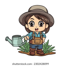 Happy female Farmer with a watering can character illustration in doodle style isolated on background