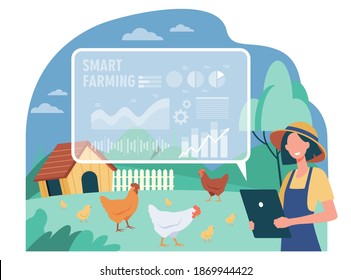 Happy female farmer working with smart farm flat vector illustration. Cartoon woman farming and analyzing data on feeding poultry. Automation and implementation technology concept