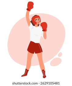 Happy female fighter in boxing gloves and headgear raising her hand in victory. Young woman in sportswear smiling after winning. Flat vector illustration of success, motivation, and martial arts