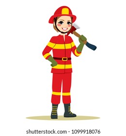 Happy female firefighter in red uniform standing holding axe working in traditional male role