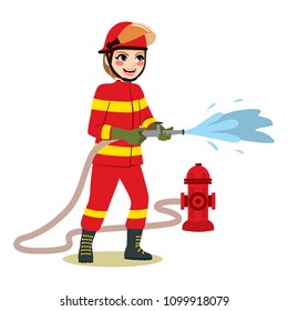 Happy female firefighter standing holding hose throwing water working