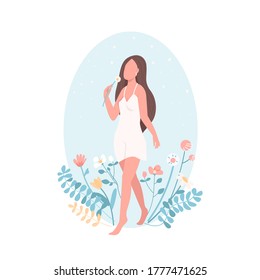 Happy Female Flat Color Vector Faceless Character. Wellness And Wellbeing. Woman Relaxation. Self Love. Women Healthcare Isolated Cartoon Illustration For Web Graphic Design And Animation